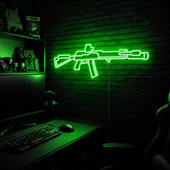 AK v6 LED neon sign in Green on a clear backerboard in the TacArtCo gaming room