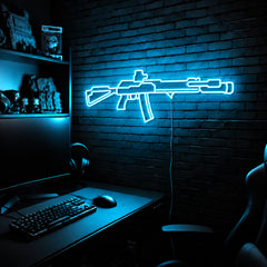 AK v6 LED neon sign in Ice Blue on a clear backerboard in the TacArtCo gaming room