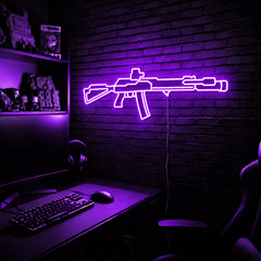 AK v6 LED neon sign in Purple on a clear backerboard in the TacArtCo gaming room