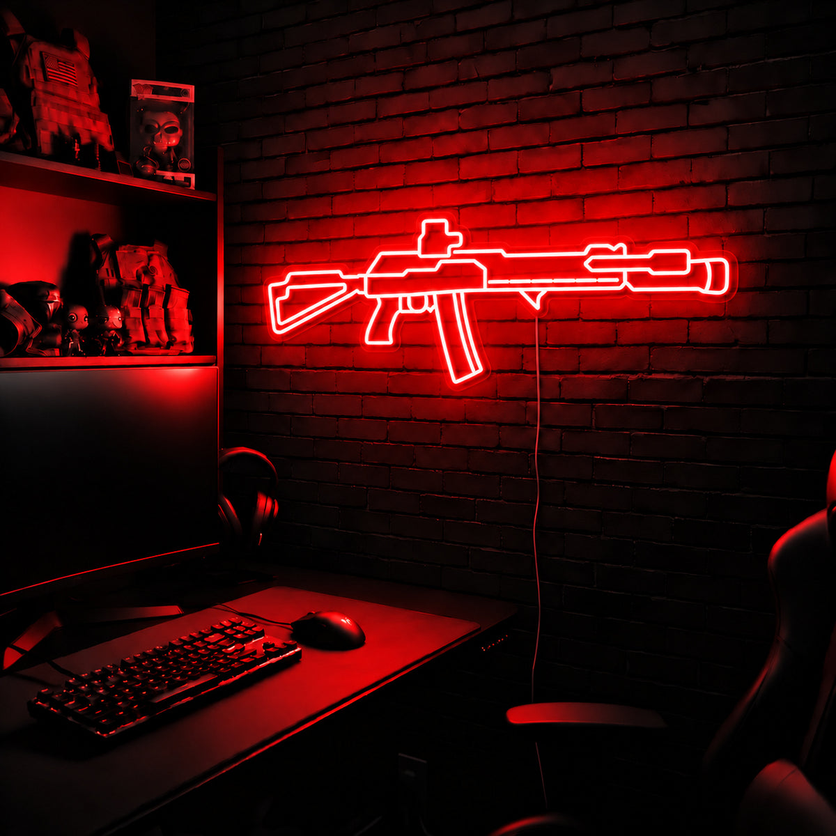 AK v6 LED neon sign in Red on a clear backerboard in the TacArtCo gaming room