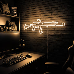 AK v6 LED neon sign in Warm White on a clear backerboard in the TacArtCo gaming room