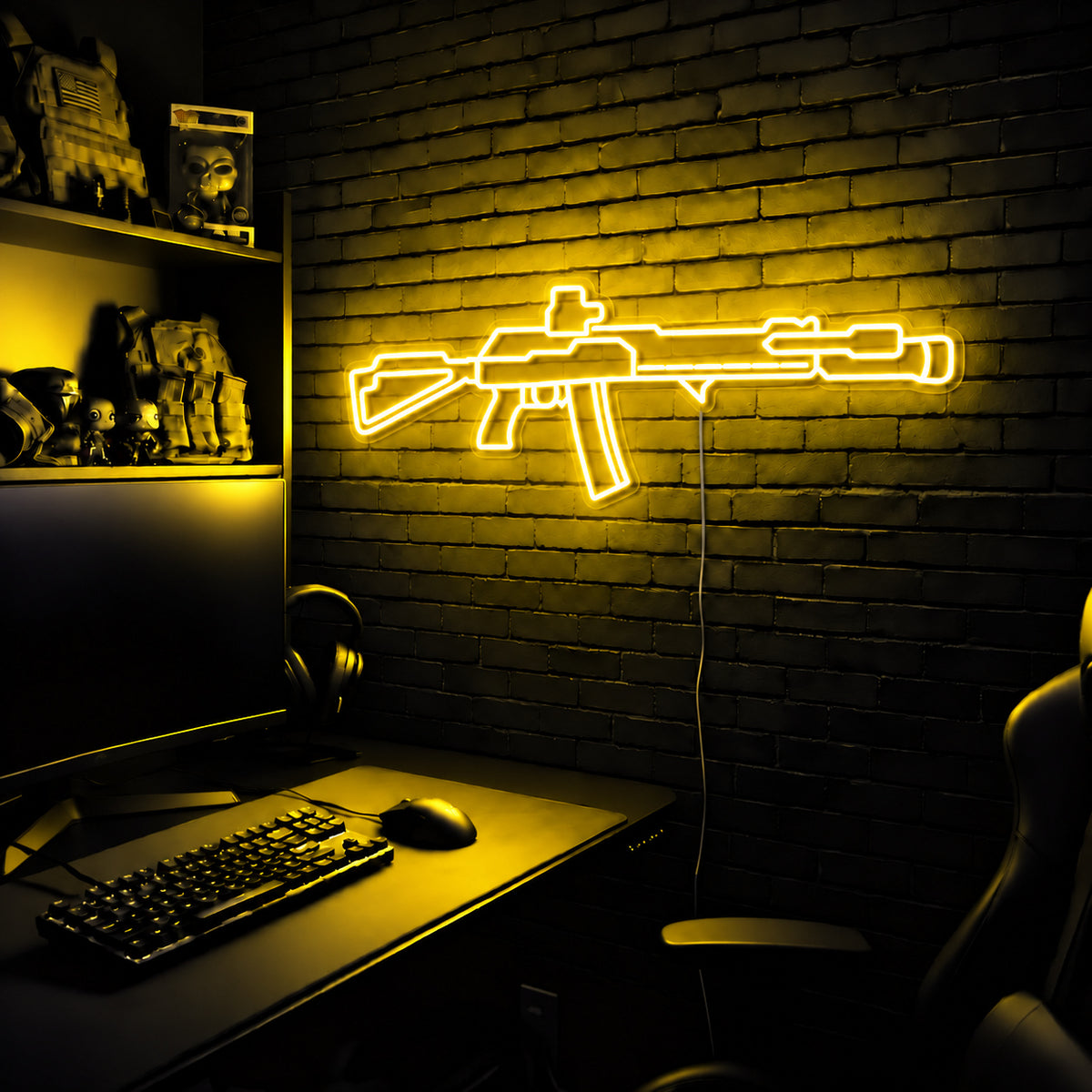 AK v6 LED neon sign in Yellow on a clear backerboard in the TacArtCo gaming room