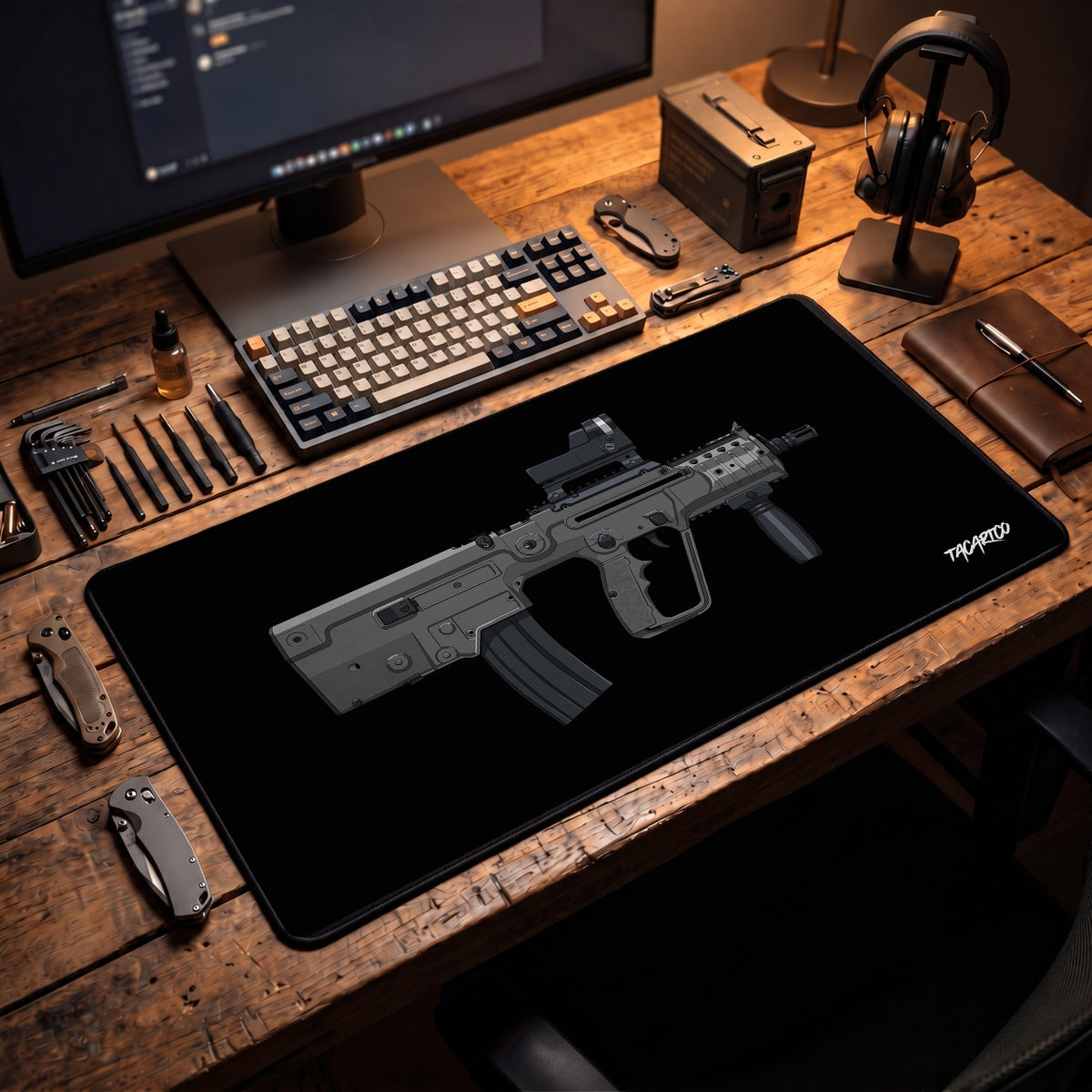 IWI X95 - Desk Mat in a collector workspace; display props not included