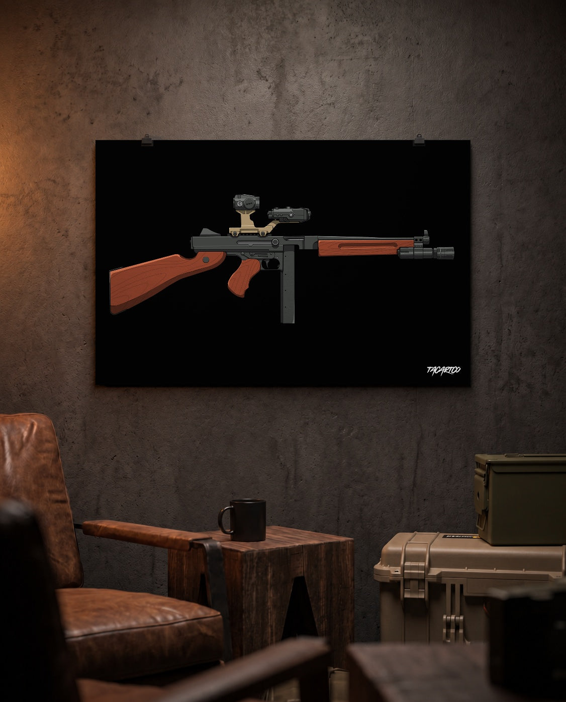Modernized Thompson - Matte Poster (Black Background) in a collector workspace; display props not included