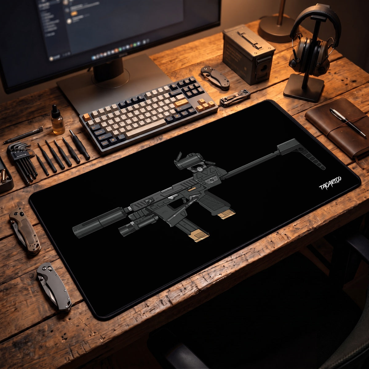 Flux Raider - Desk Mat displayed in the approved TacArtCo lifestyle scene; props not included.