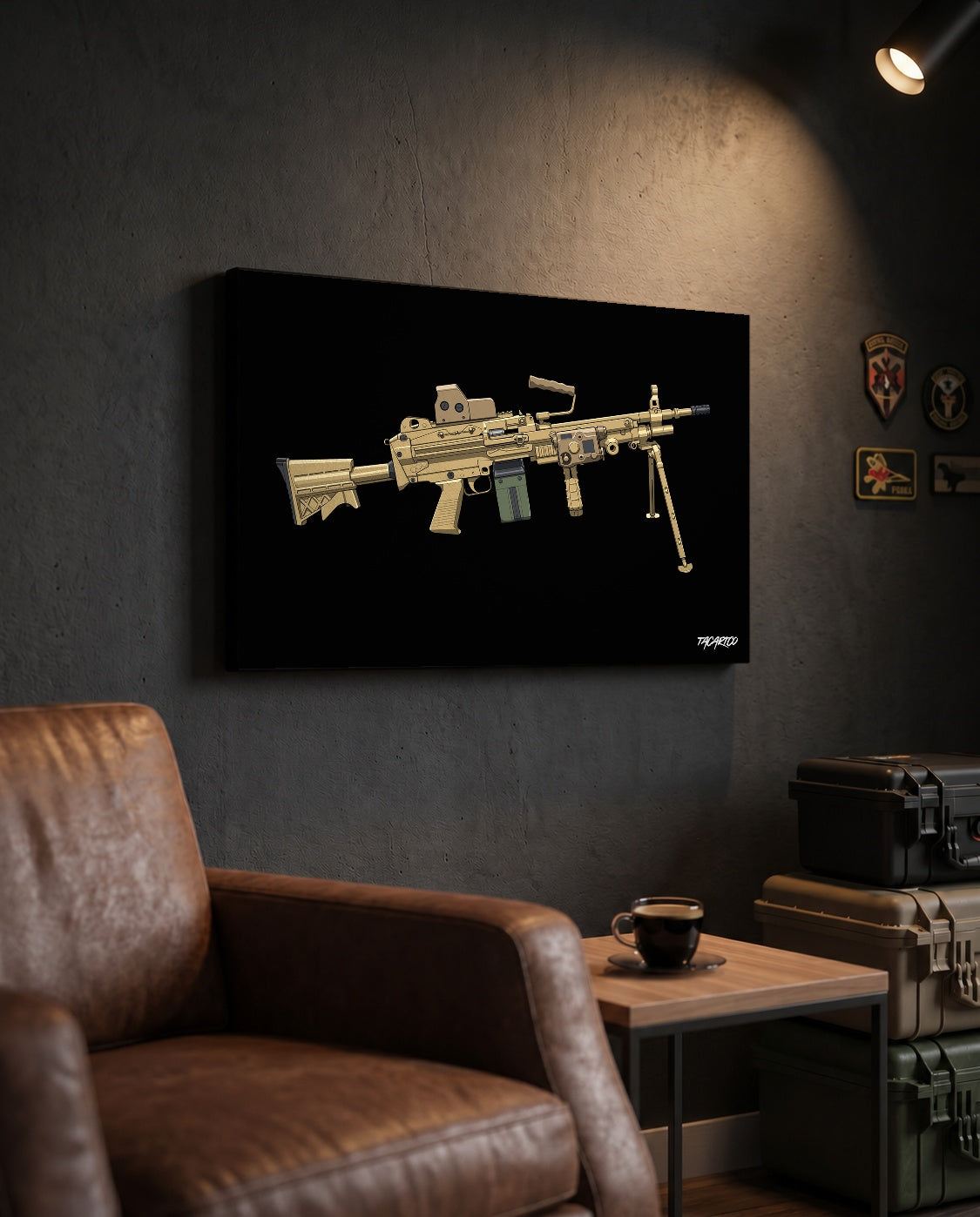 M249 SAW - Canvas Print (Black Background) displayed in the approved TacArtCo lifestyle scene; props not included.