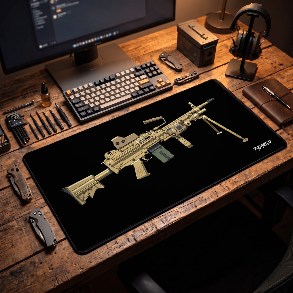 M249 SAW - Desk Mat displayed in the approved TacArtCo lifestyle scene; props not included.