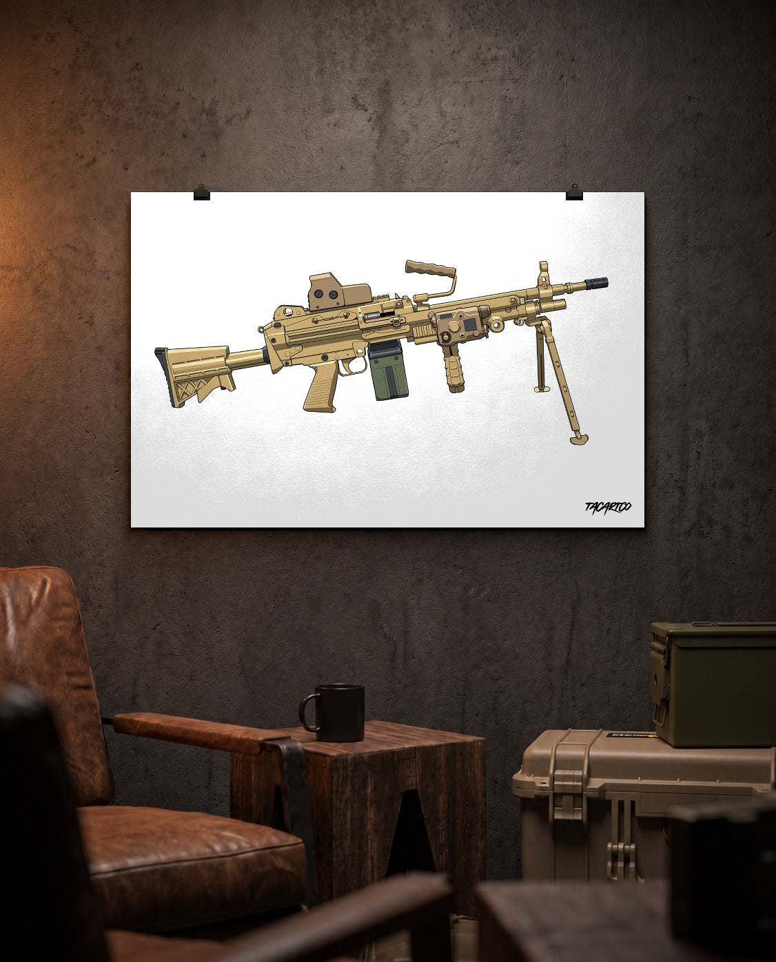 M249 SAW - Matte Poster (White Background) displayed in the approved TacArtCo lifestyle scene; props not included.