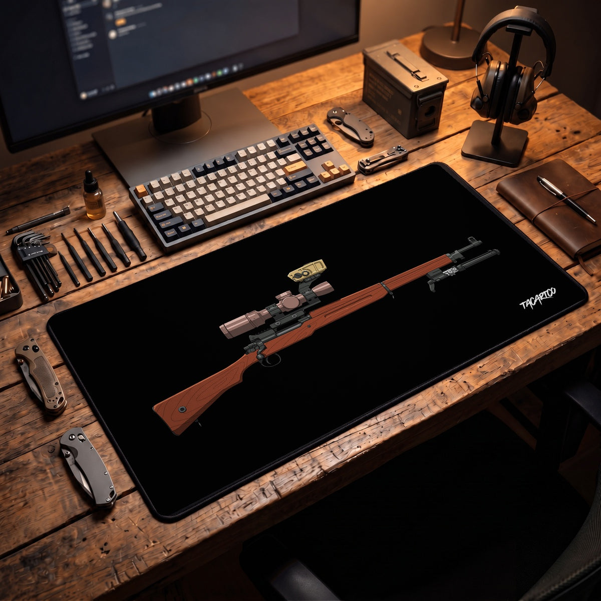 Modernized Enfield - Desk Mat in the approved TacArtCo lifestyle scene; room accessories not included.