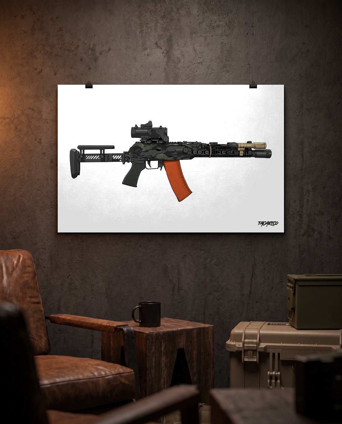 Modern Kitted AK - Matte Poster (White Background) in the approved TacArtCo lifestyle scene; room accessories not included.