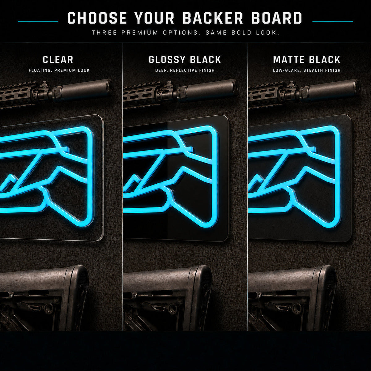 Backerboard options - Clear, Glossy Black, Matte Black