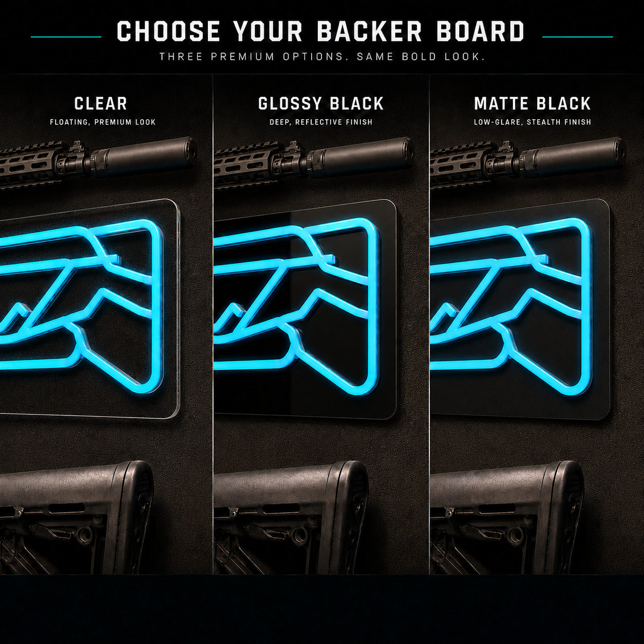Backerboard options - Clear, Glossy Black, Matte Black