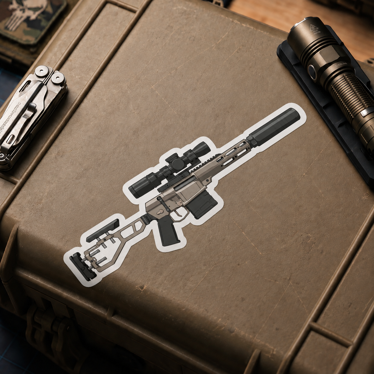 The Fix by Q vinyl sticker displayed on a tan equipment case