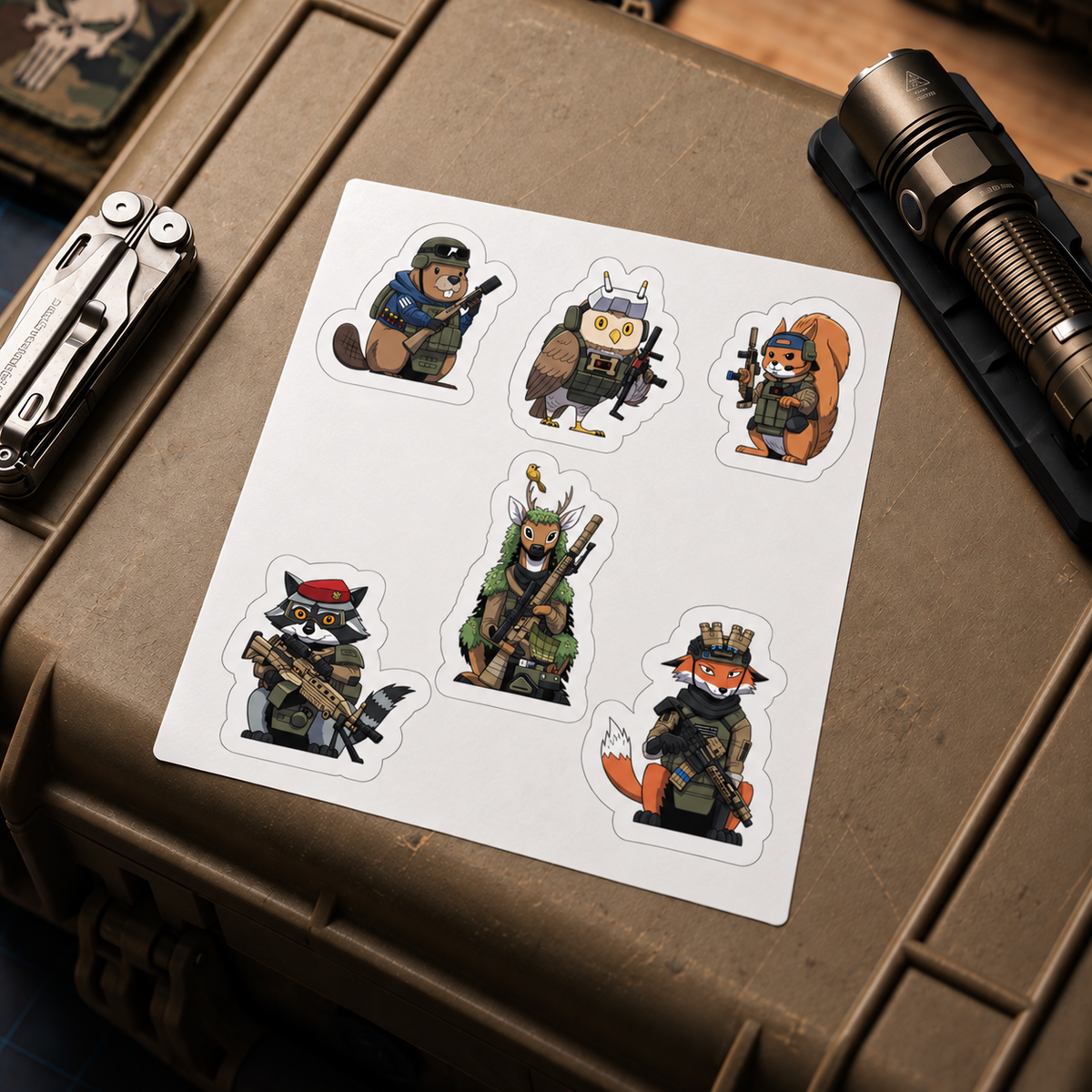 Delta Forest Unit six-design sticker sheet resting on a tan equipment case