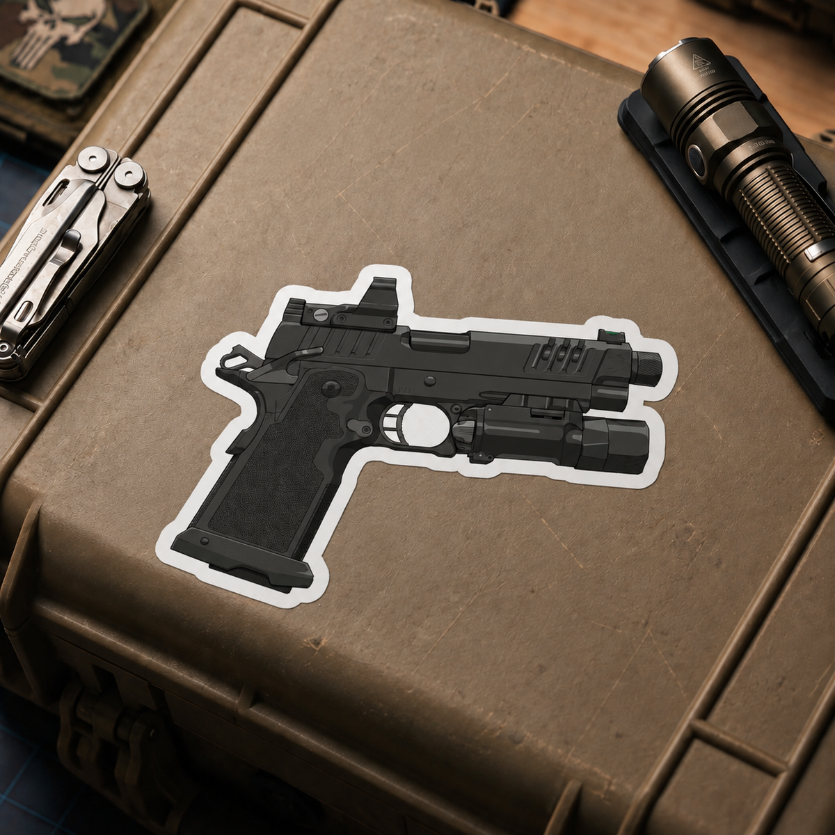 2011 Gucci Pistol vinyl sticker displayed on a tan equipment case