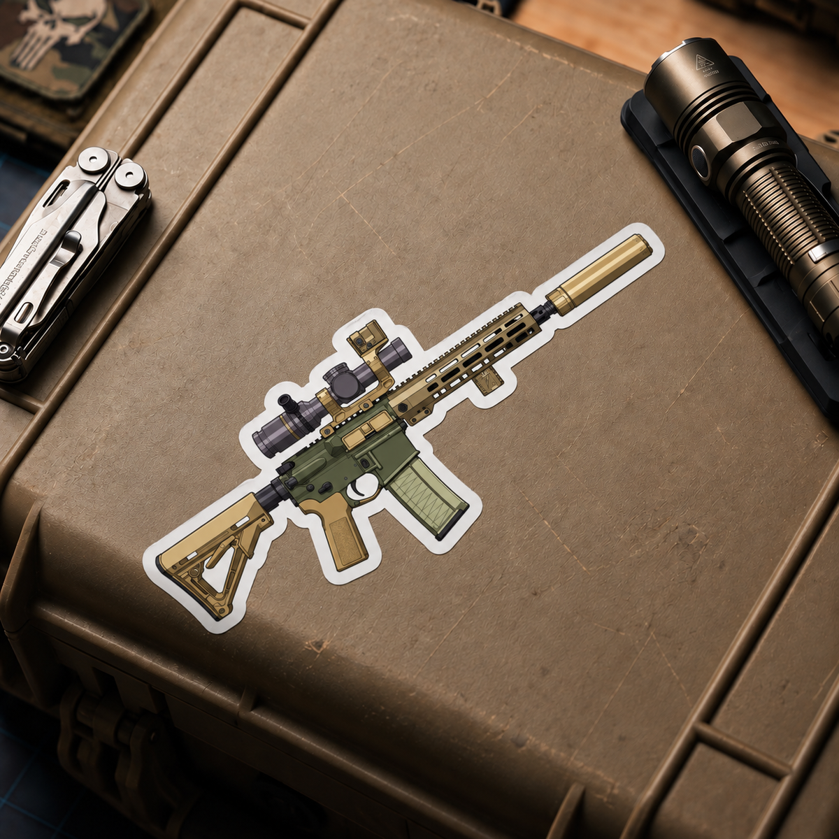 PSA Sabre AR15 Build vinyl sticker displayed on a tan equipment case