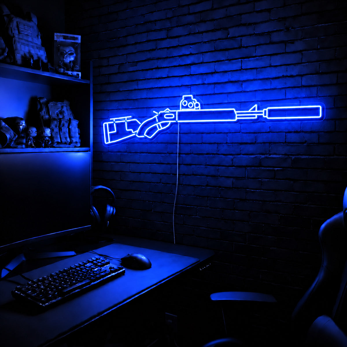 Suppressed Lever Gun LED neon sign in Blue on a clear backerboard in the TacArtCo gaming room