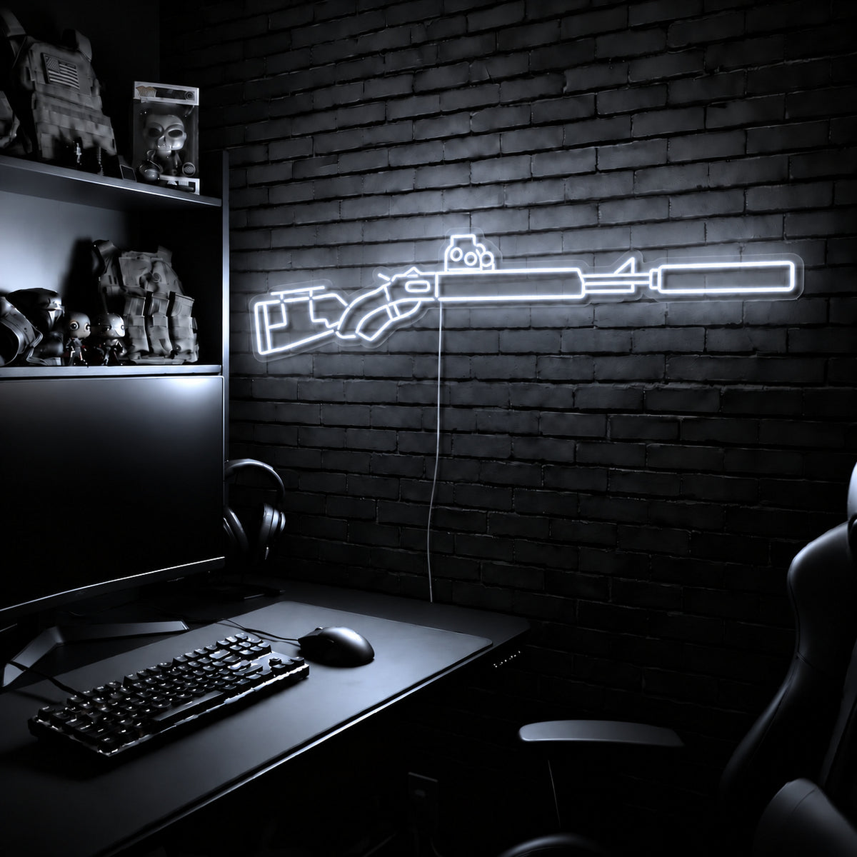 Suppressed Lever Gun LED neon sign in Cool White on a clear backerboard in the TacArtCo gaming room
