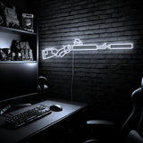 Suppressed Lever Gun LED neon sign in Cool White on a clear backerboard in the TacArtCo gaming room