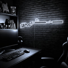 Suppressed Lever Gun LED neon sign in Cool White on a clear backerboard in the TacArtCo gaming room