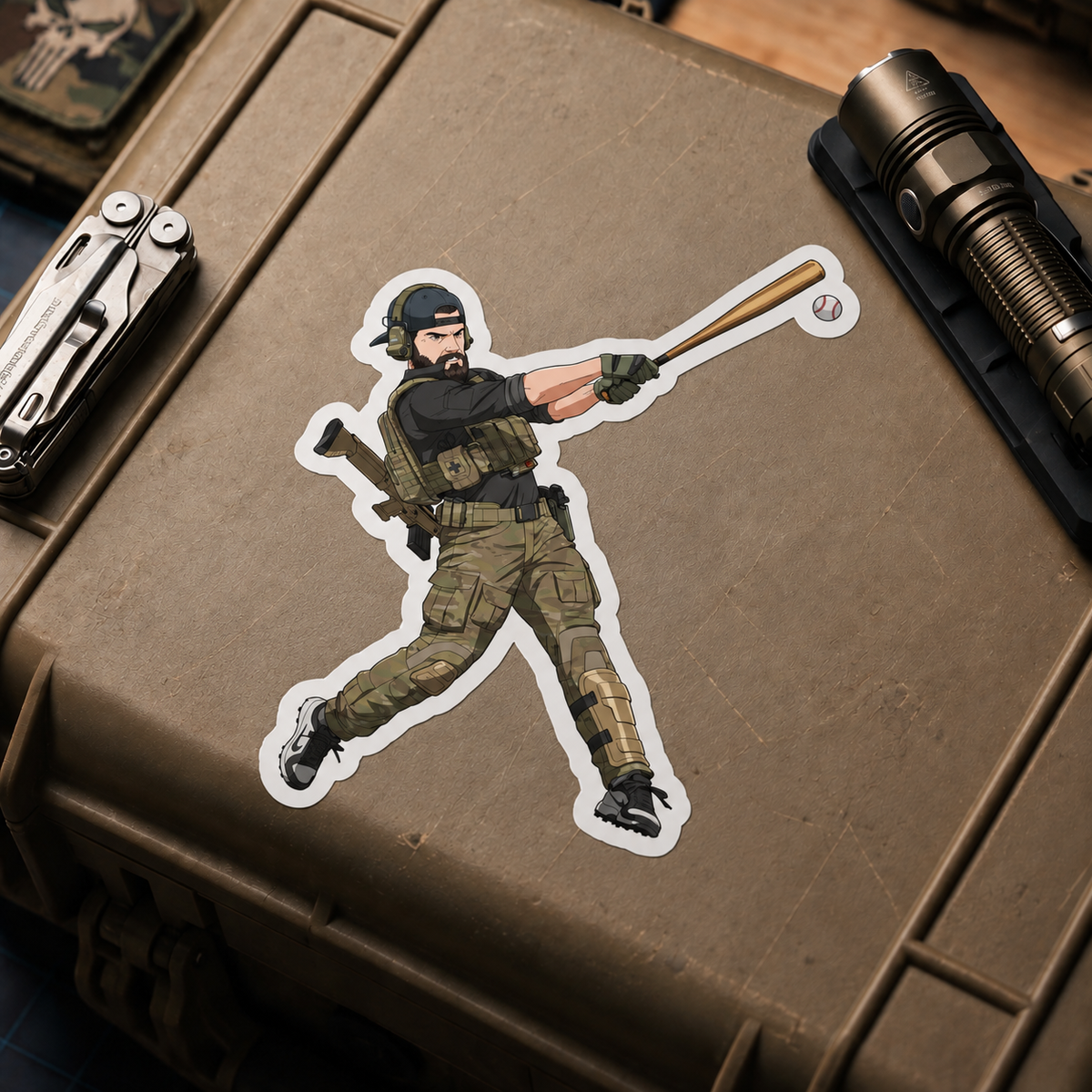 TacArtCo Athletics Baseball vinyl sticker displayed on a tan equipment case