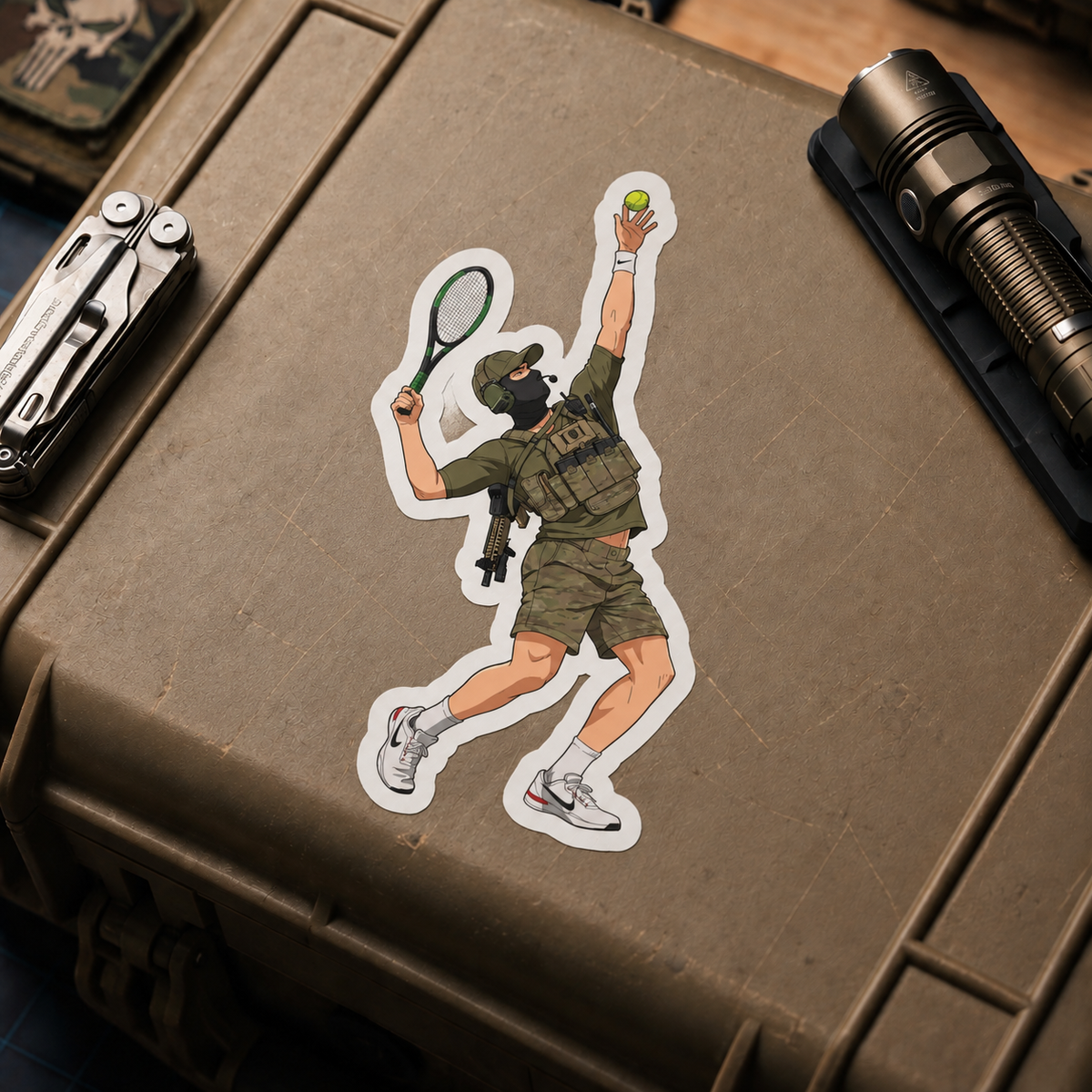 TacArtCo Athletics Tennis vinyl sticker displayed on a tan equipment case