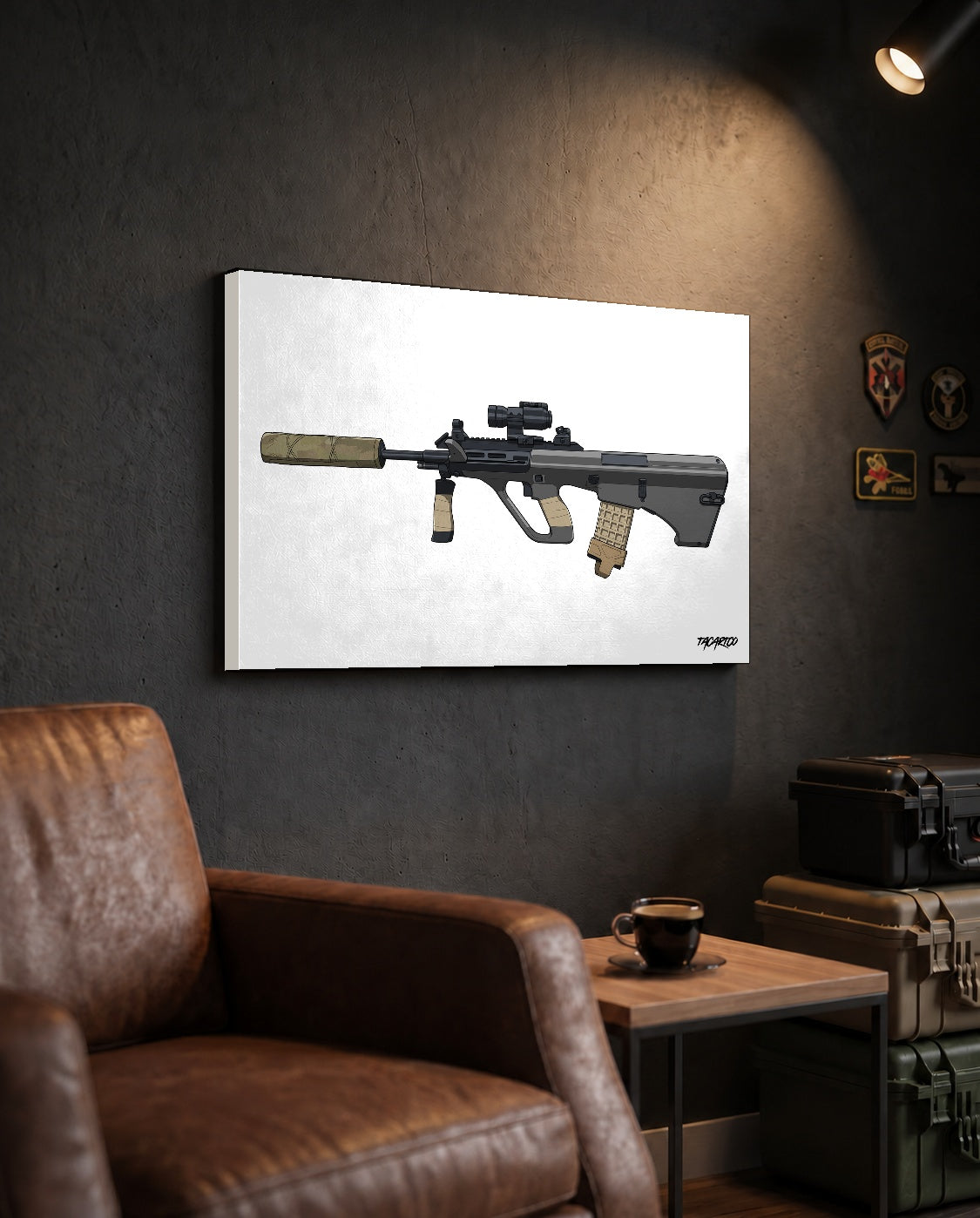 Steyr AUG - Canvas Print (White Background) in the approved TacArtCo lifestyle scene, showing the slimmer 1.25-inch canvas wrap; room accessories not included.
