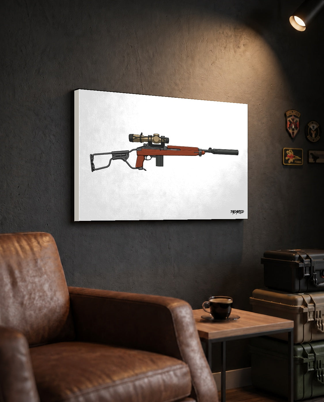 Modernized M1 Carbine - Canvas Print (White Background) in the approved TacArtCo lifestyle scene, showing the slimmer 1.25-inch canvas wrap; room accessories not included.