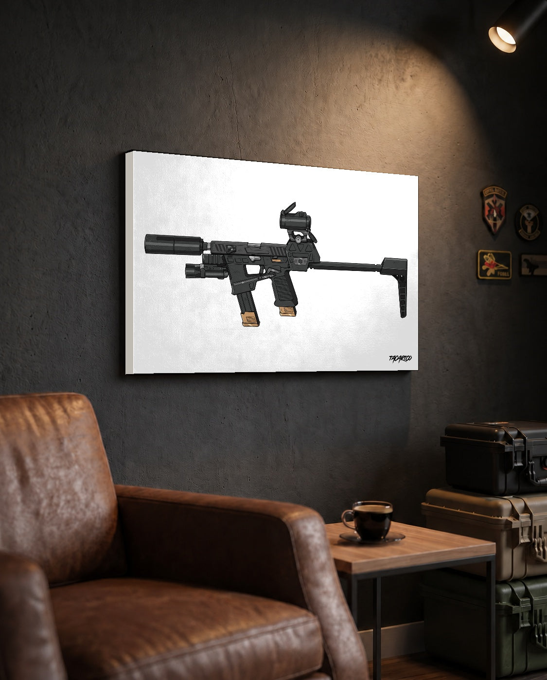 Flux Raider - Canvas Print (White Background) in the approved TacArtCo lifestyle scene, showing the slimmer 1.25-inch canvas wrap; room accessories not included.
