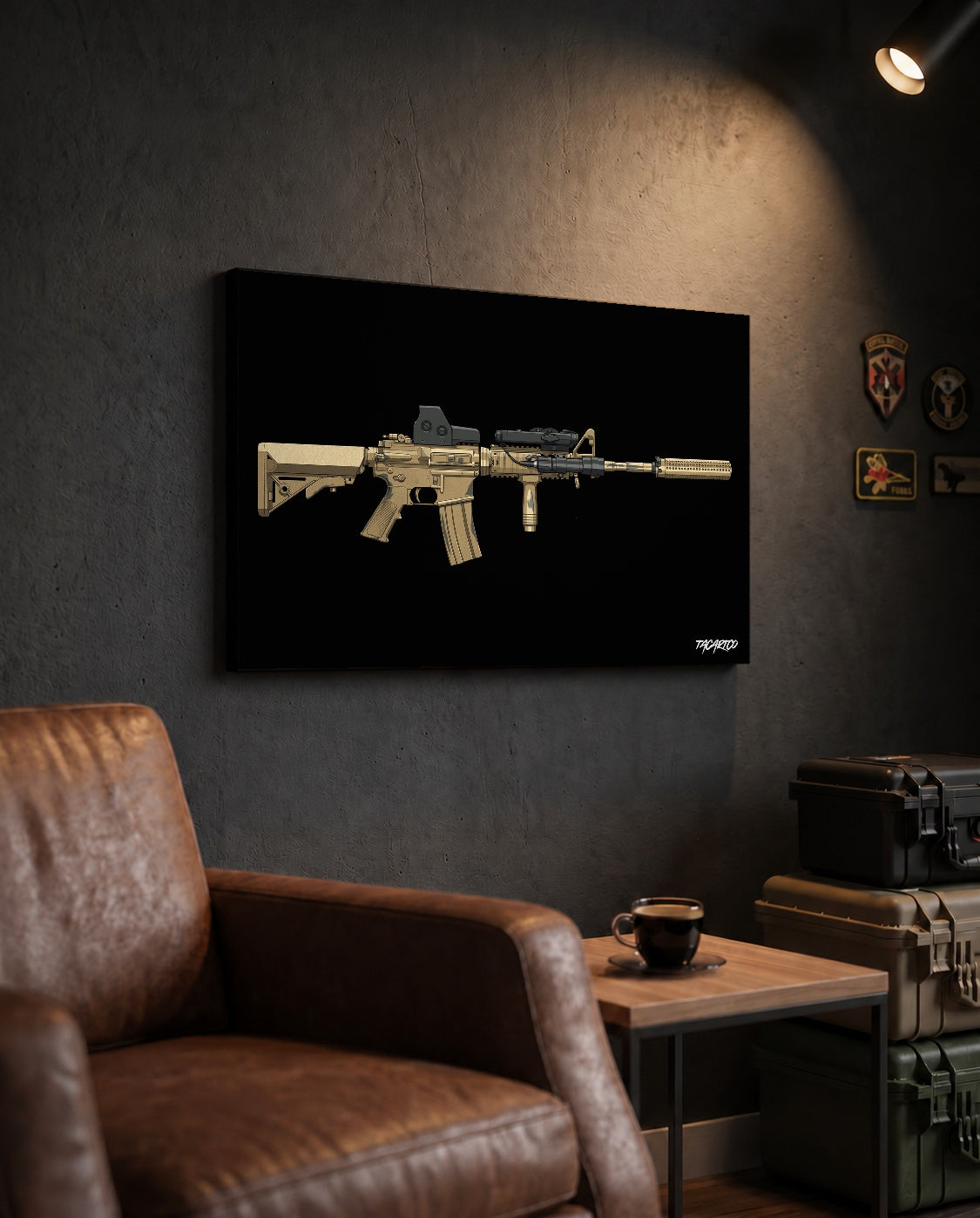 M4A1 Block I (Mod1) - Canvas Print (Black Background) in the approved TacArtCo lifestyle scene, showing the slimmer 1.25-inch canvas wrap; room accessories not included.