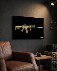 M4A1 Block I (Mod1) - Canvas Print (Black Background) in the approved TacArtCo lifestyle scene, showing the slimmer 1.25-inch canvas wrap; room accessories not included.