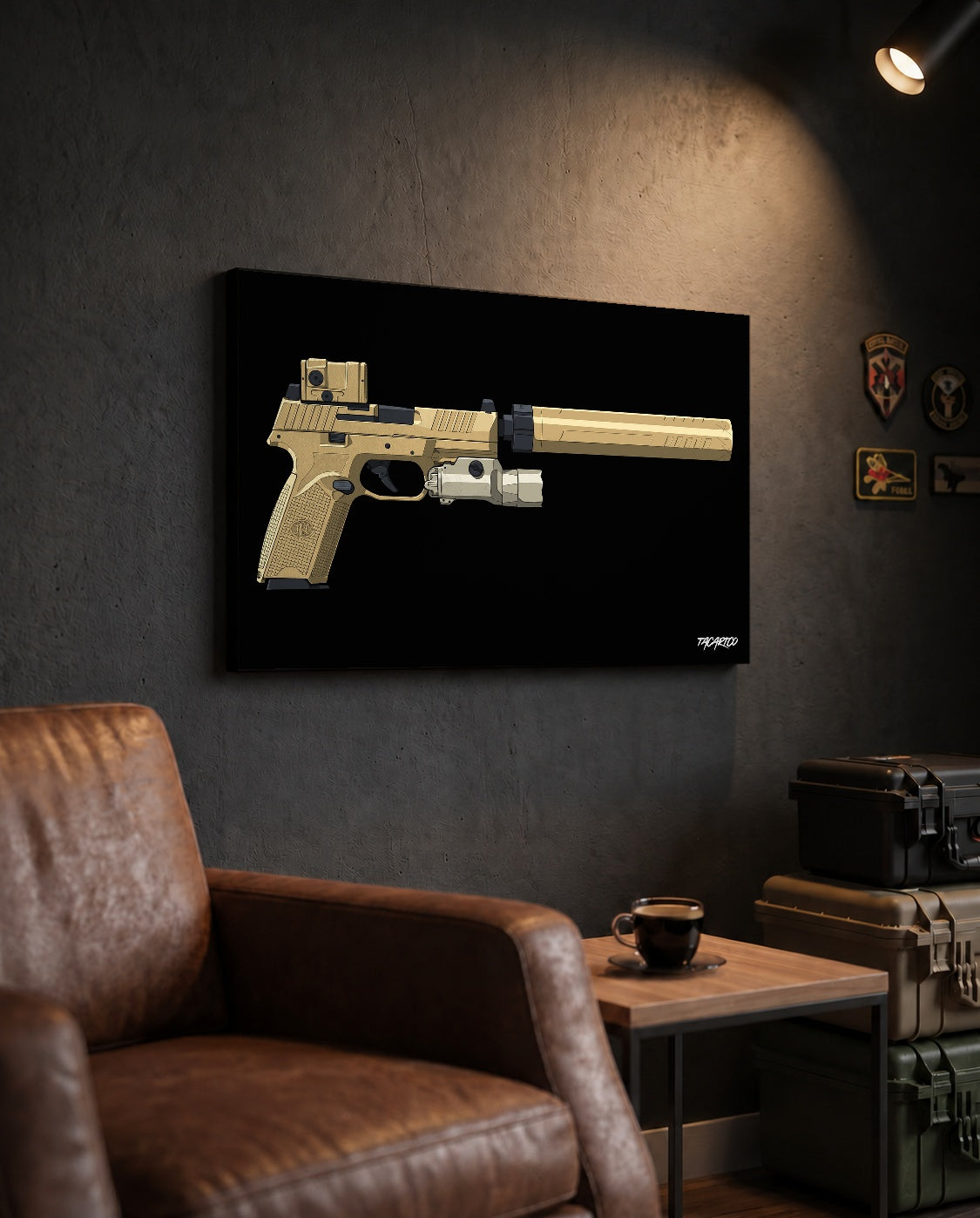 FN 509 Tactical - Canvas Print (Black Background) in the approved TacArtCo lifestyle scene, showing the slimmer 1.25-inch canvas wrap; room accessories not included.