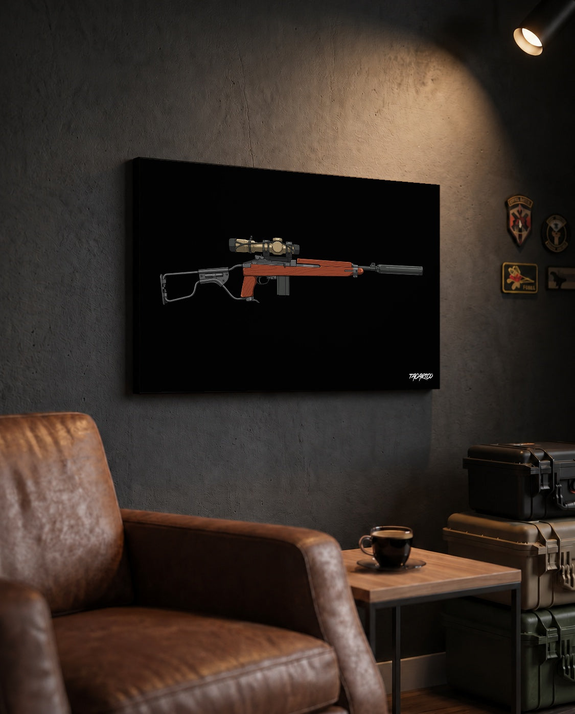 Modernized M1 Carbine - Canvas Print (Black Background) in the approved TacArtCo lifestyle scene, showing the slimmer 1.25-inch canvas wrap; room accessories not included.