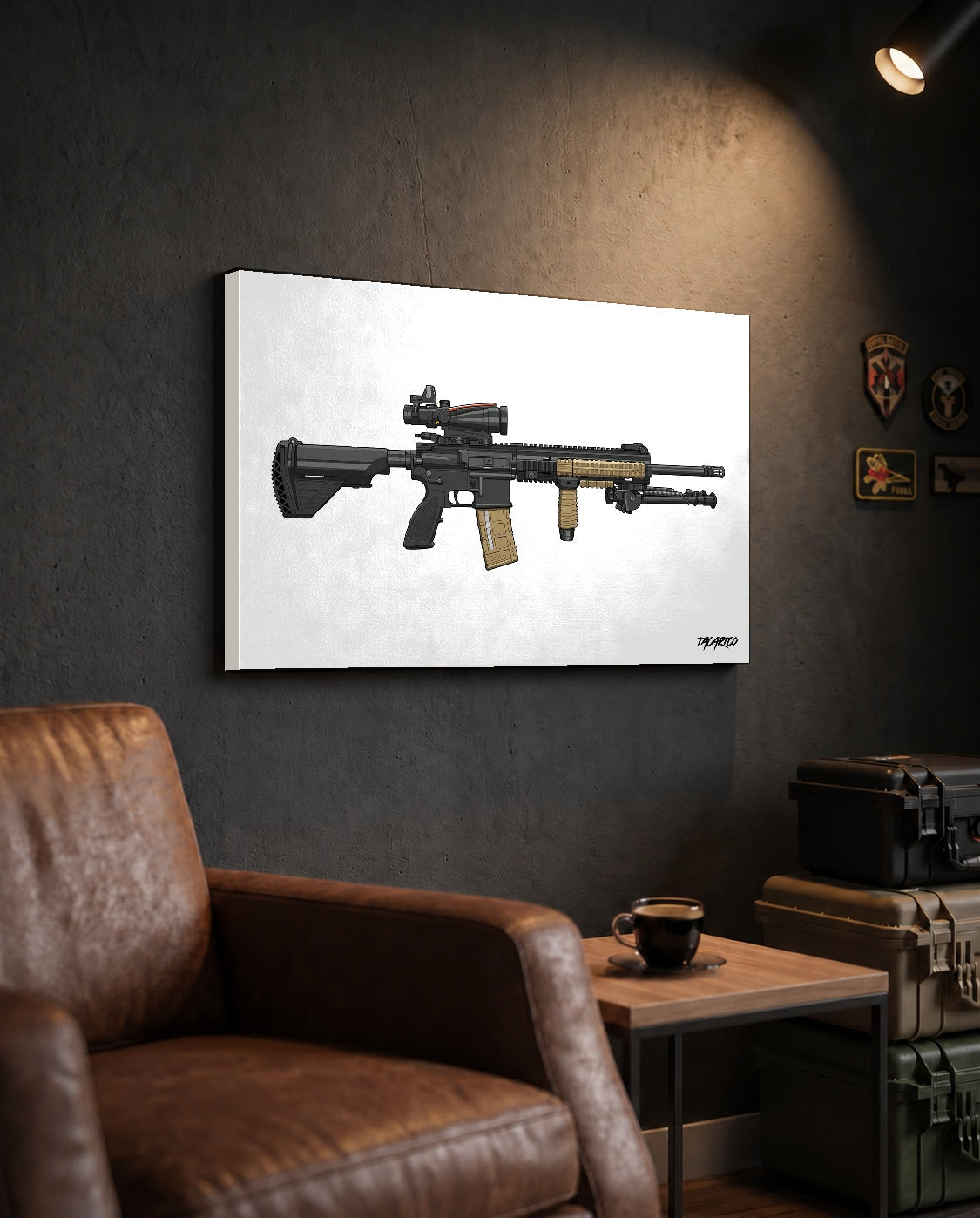 M27 IAR - Canvas Print (White Background) in the approved TacArtCo lifestyle scene, showing the slimmer 1.25-inch canvas wrap; room accessories not included.