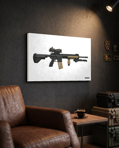 M27 IAR - Canvas Print (White Background) in the approved TacArtCo lifestyle scene, showing the slimmer 1.25-inch canvas wrap; room accessories not included.