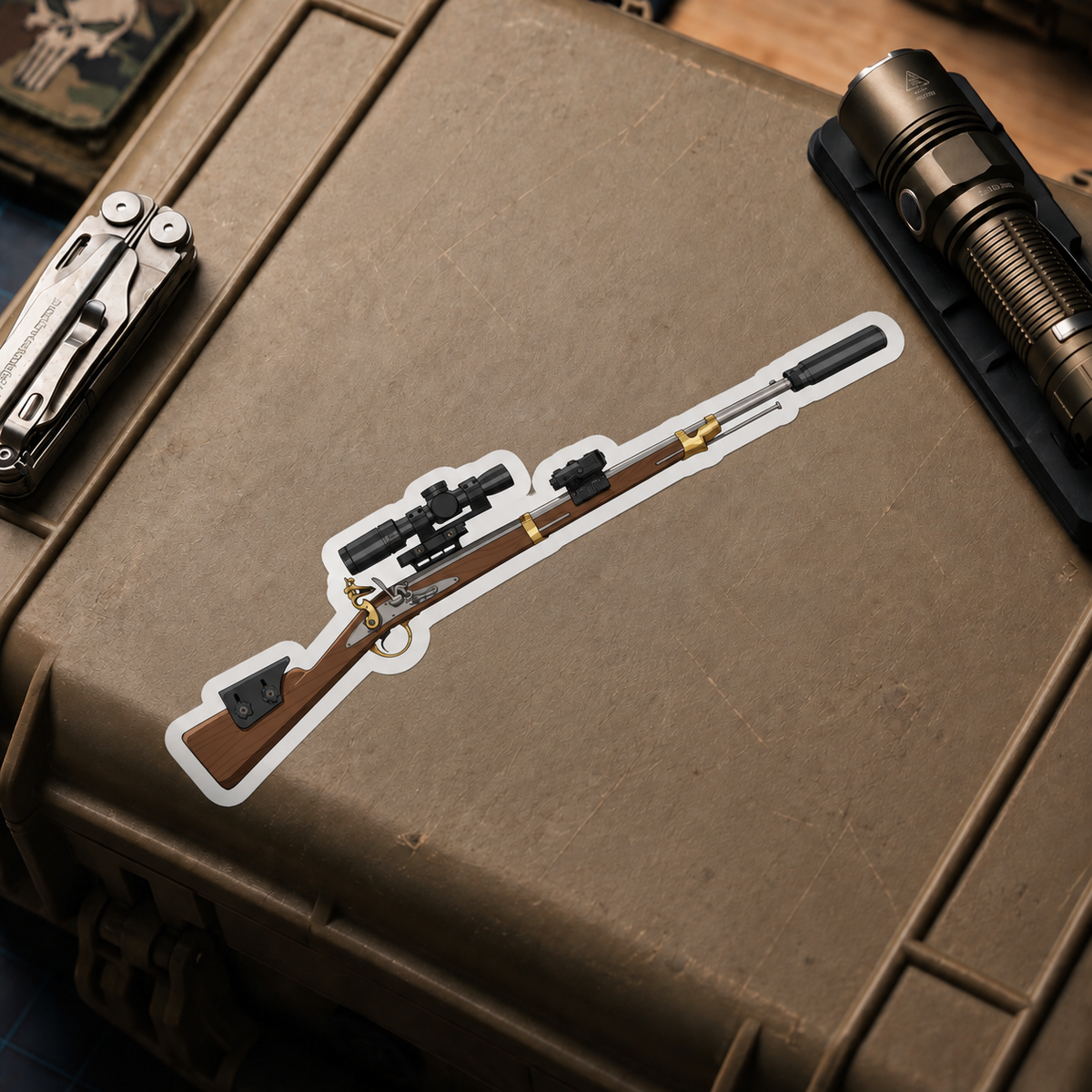 Tactical Flintlock vinyl sticker displayed on a tan equipment case