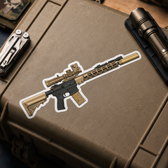 URGI rifle vinyl sticker with white border displayed on a tan equipment case